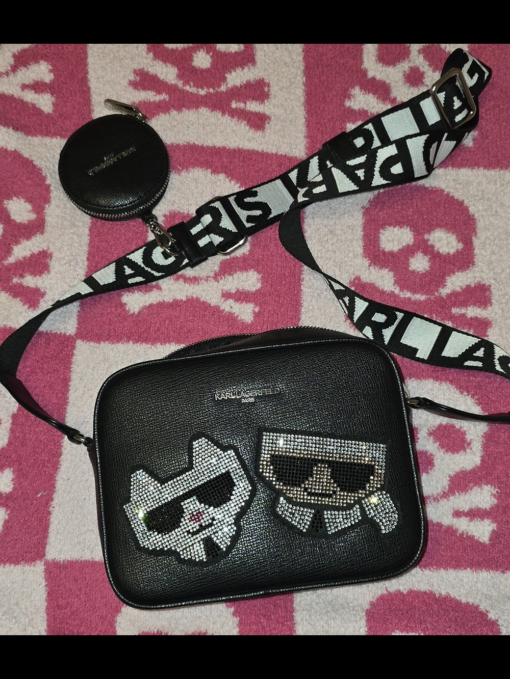 Karl Lagerfeld Black Crossbody Bag with Silver Crystal Characters